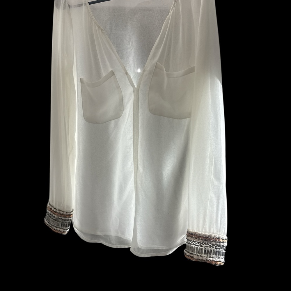 Zara Sheer Cream Blouse with Embellished Cuffs Boho Chic Casual Beaded sheer top